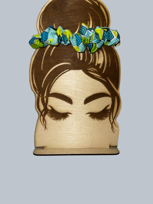 Blue and green geometric scrunchie